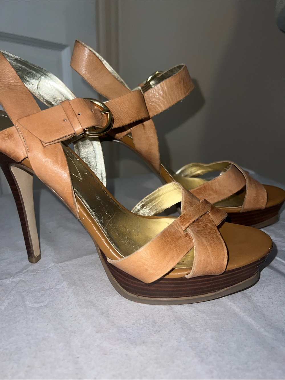 Guess - Women’s Tan Leather Platform Heeled Sandals